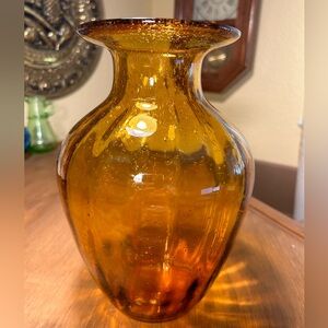 Vintage Hand-Blown Amber Glass 10" Ribbed Vase w/Flared Rim Controlled Bubbles